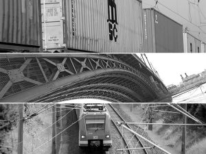 Bahn, Brücke und Waggon aus Stahl